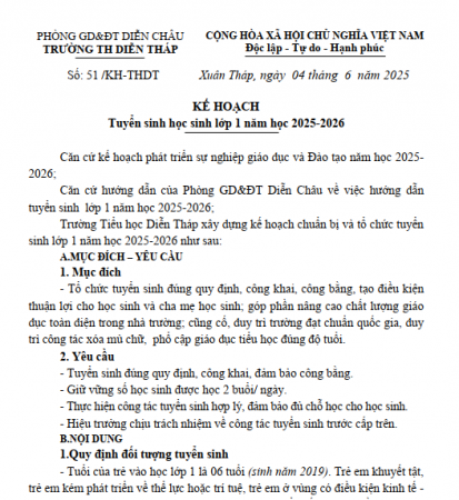 Kế hoạch tuyển sinh lớp 1 năm học 2025-2026