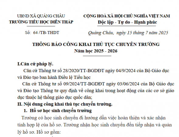 THỦ TỤC CHUYỂN TRƯỜNG CHO HỌC SINH