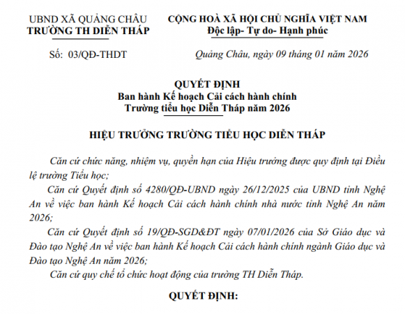 Quyết định ban hành Kế hoạch Cải cách hành chính Trường tiểu học Diễn Tháp năm 2026