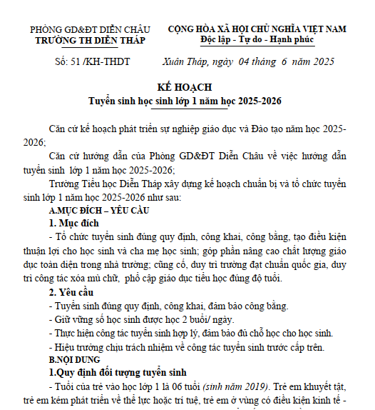 Kế hoạch tuyển sinh lớp 1 năm học 2025-2026