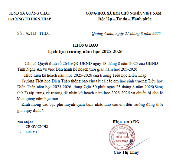 LỊCH TỰU TRƯỜNG NĂM HỌC 2025 - 2026
