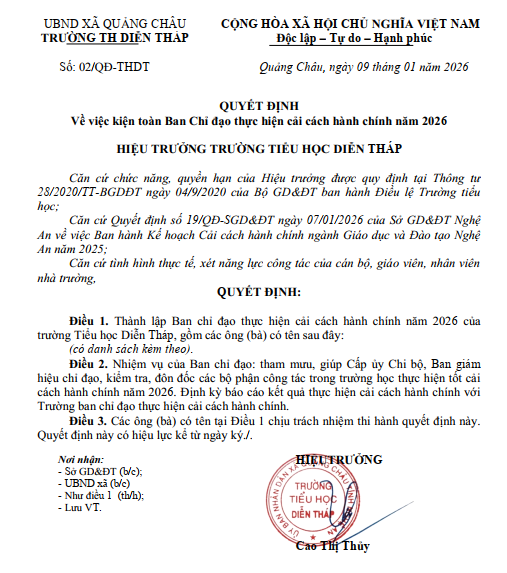 Quyết định về việc kiện toàn Ban Chỉ đạo thực hiện cải cách hành chính năm 2026